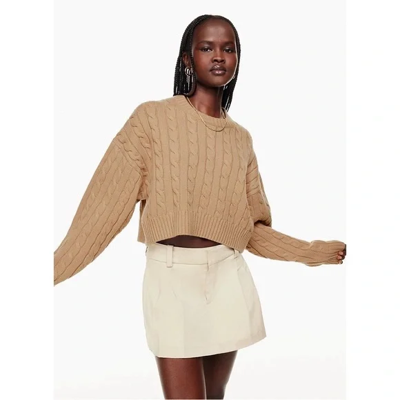 Aritzia Sunday Best Peggy Cropped Wool Blend Cable Knit Sweater in Marooned Red - Picture 7 of 7